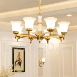 Pure Brass Luxurious Rustic Retro Vintage Brass Stone Pendant Candle Chandelier with Glass Shades