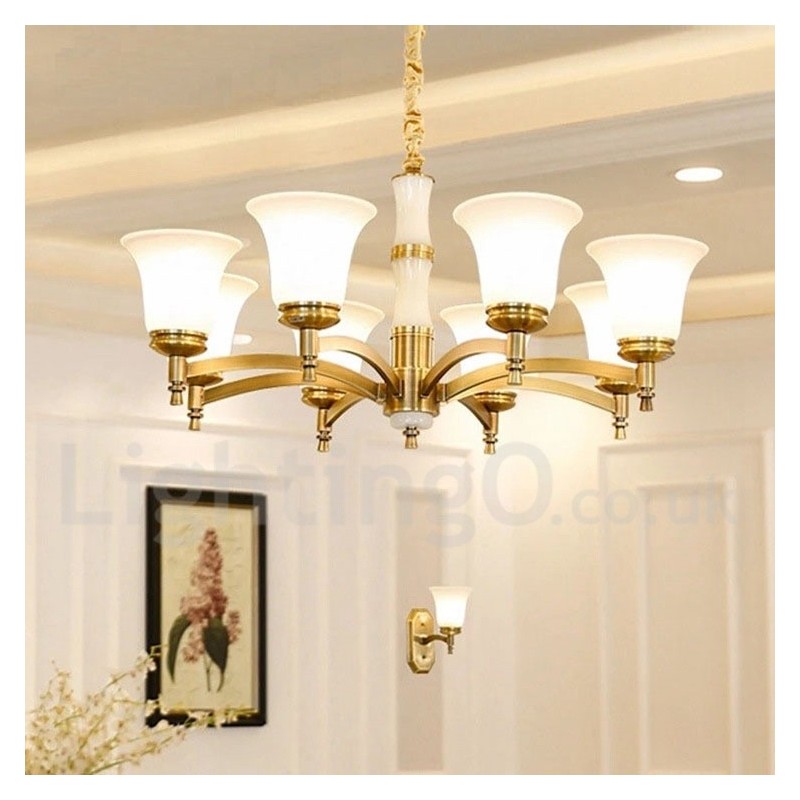 Pure Brass Luxurious Rustic Retro Vintage Brass Stone Pendant Candle Chandelier with Glass Shades