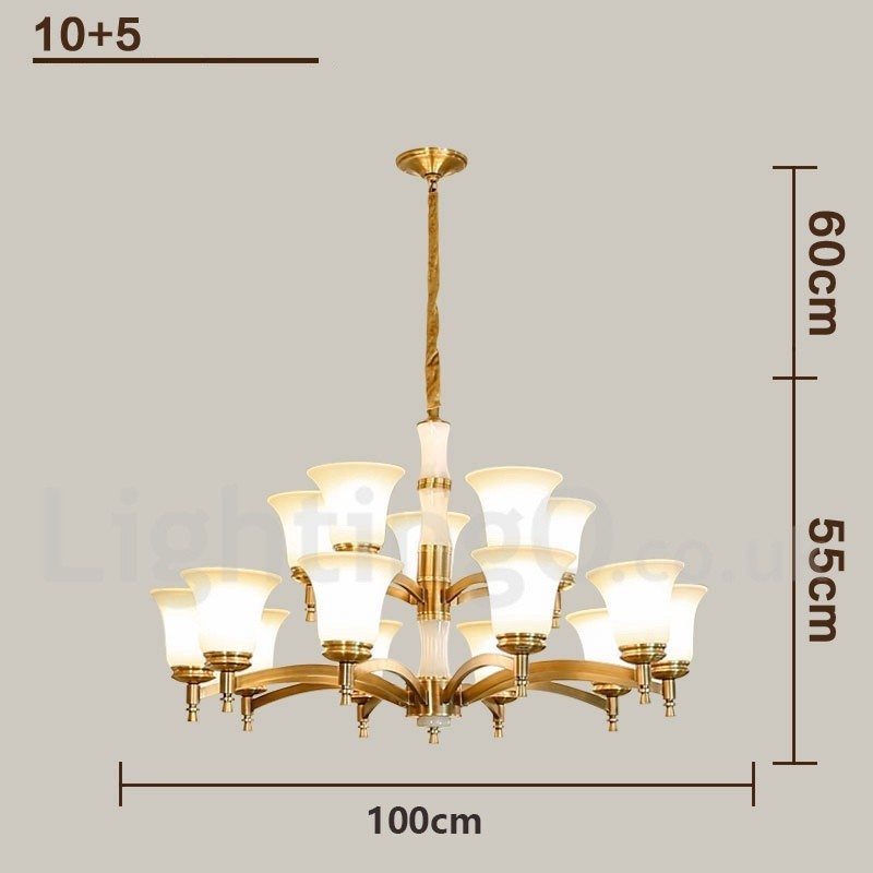 Pure Brass Luxurious Rustic Retro Vintage Brass Stone Pendant Candle Chandelier with Glass Shades