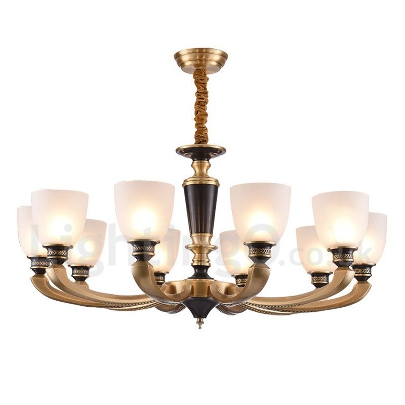 Pure Brass Luxurious Rustic Retro Vintage Brass Pendant Candle Chandelier with Glass Shades