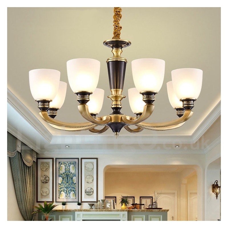 Pure Brass Luxurious Rustic Retro Vintage Brass Pendant Candle Chandelier with Glass Shades