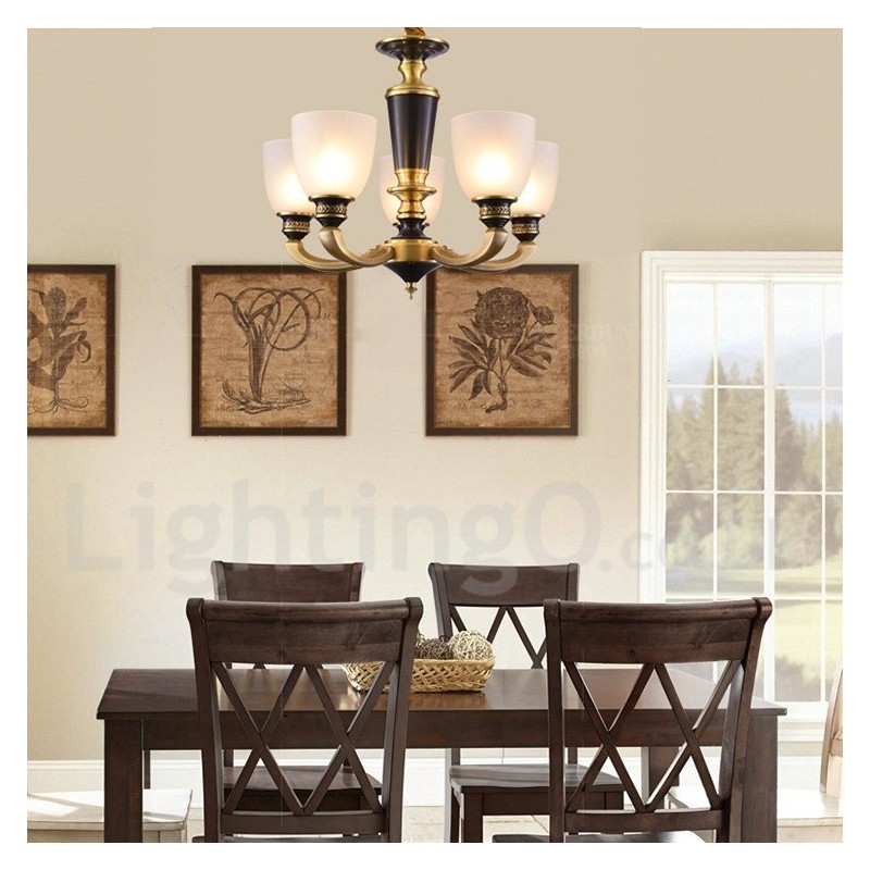 Pure Brass Luxurious Rustic Retro Vintage Brass Pendant Candle Chandelier with Glass Shades