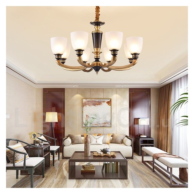 Pure Brass Luxurious Rustic Retro Vintage Brass Pendant Candle Chandelier with Glass Shades