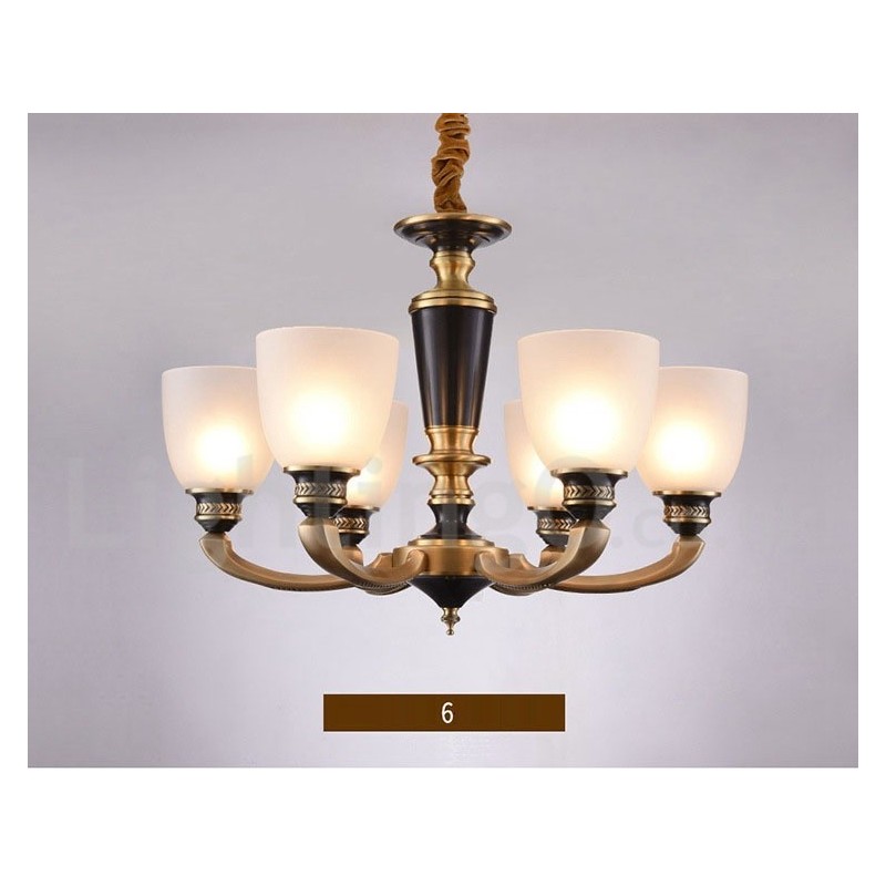 Pure Brass Luxurious Rustic Retro Vintage Brass Pendant Candle Chandelier with Glass Shades
