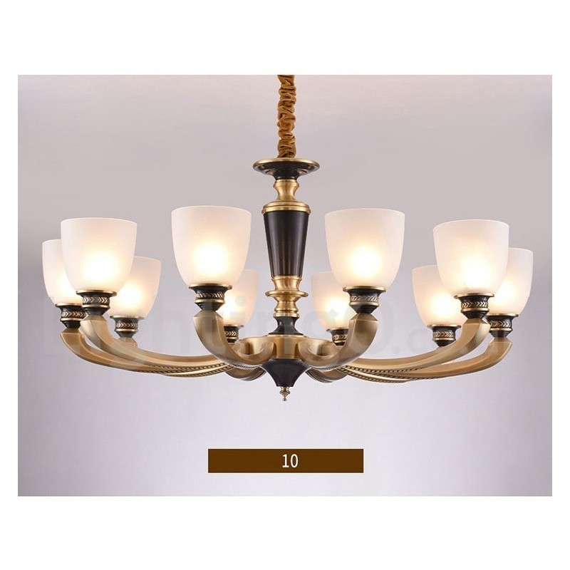 Pure Brass Luxurious Rustic Retro Vintage Brass Pendant Candle Chandelier with Glass Shades