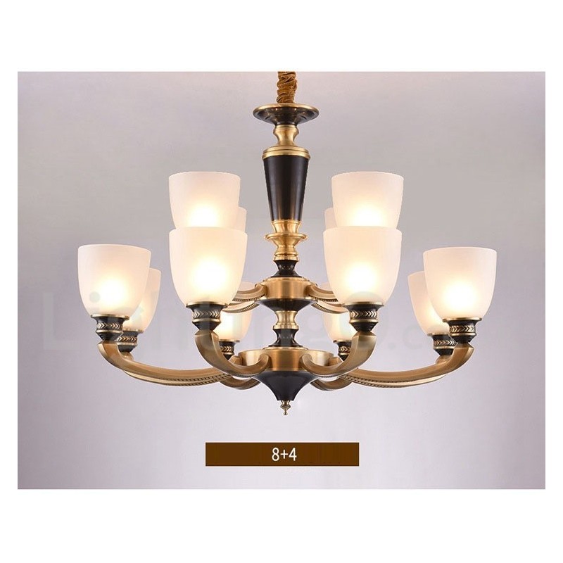 Pure Brass Luxurious Rustic Retro Vintage Brass Pendant Candle Chandelier with Glass Shades