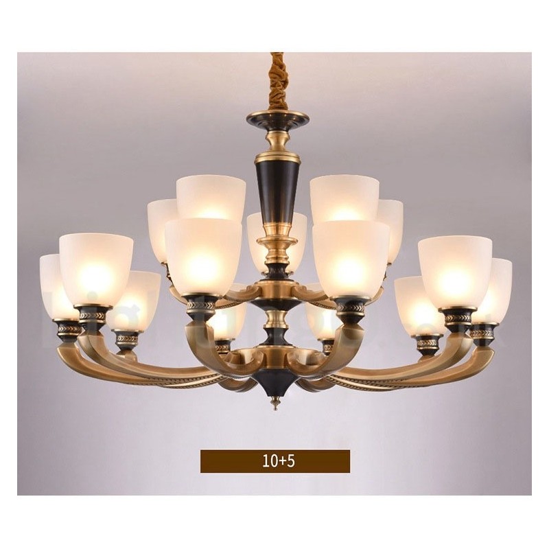Pure Brass Luxurious Rustic Retro Vintage Brass Pendant Candle Chandelier with Glass Shades