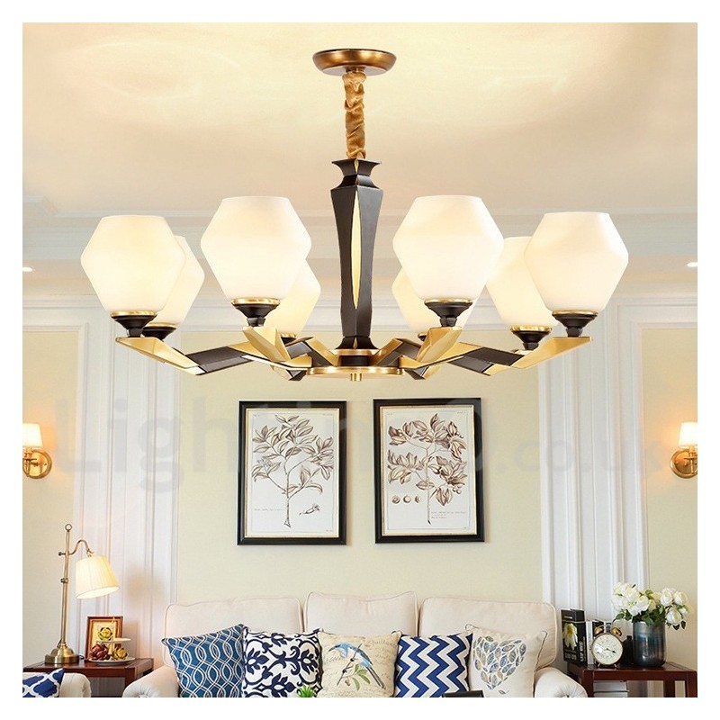 Pure Brass Luxurious Rustic Retro Vintage Brass Pendant Candle Chandelier with Glass Shades