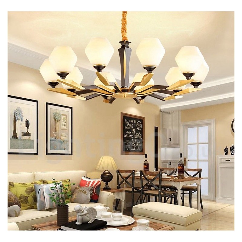 Pure Brass Luxurious Rustic Retro Vintage Brass Pendant Candle Chandelier with Glass Shades