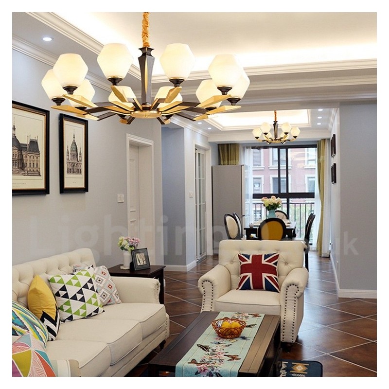 Pure Brass Luxurious Rustic Retro Vintage Brass Pendant Candle Chandelier with Glass Shades