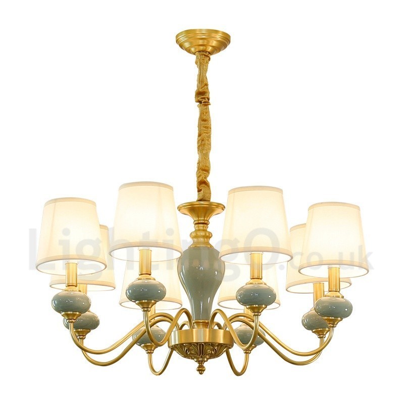 Pure Brass Luxurious Rustic Retro Vintage Brass Ceramics Pendant Candle Chandelier with Fabric Shades