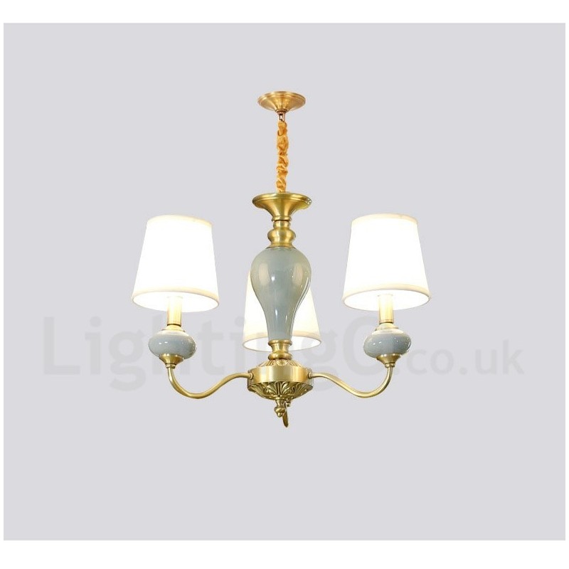 Pure Brass Luxurious Rustic Retro Vintage Brass Ceramics Pendant Candle Chandelier with Fabric Shades