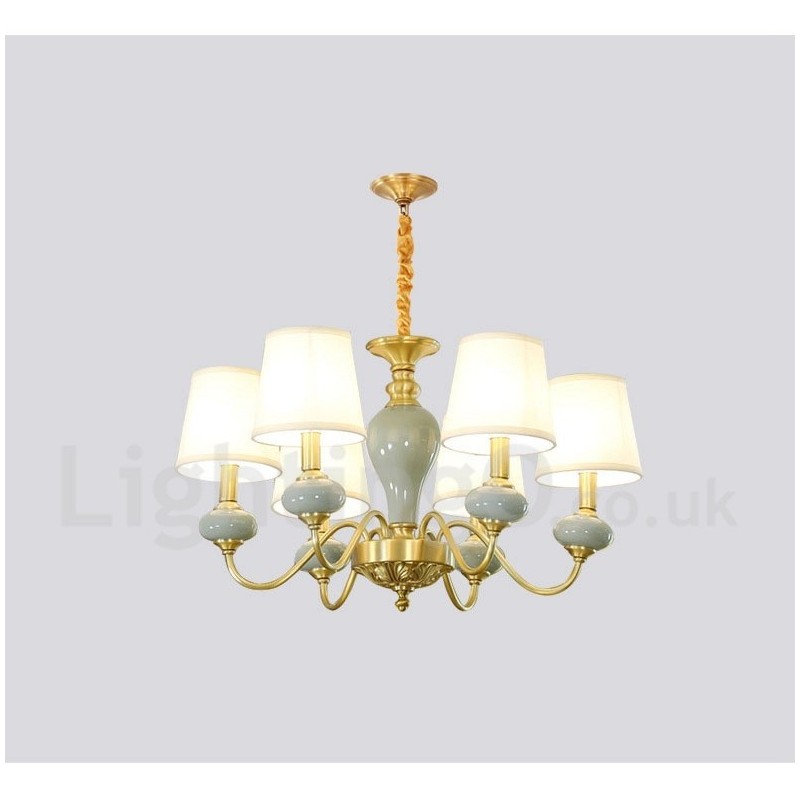 Pure Brass Luxurious Rustic Retro Vintage Brass Ceramics Pendant Candle Chandelier with Fabric Shades