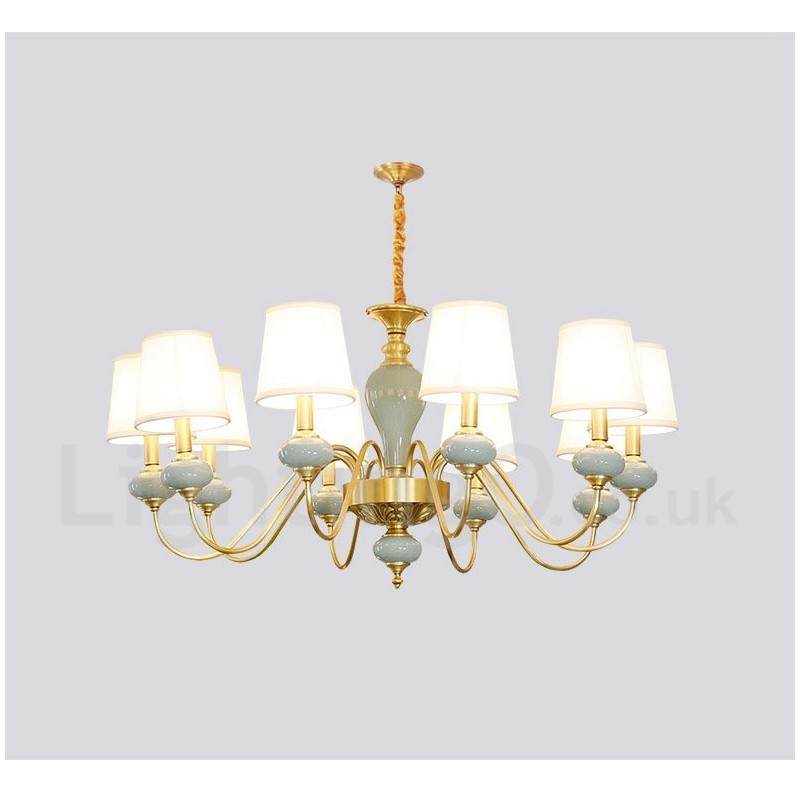 Pure Brass Luxurious Rustic Retro Vintage Brass Ceramics Pendant Candle Chandelier with Fabric Shades