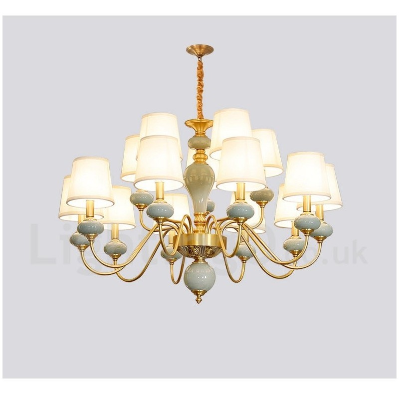 Pure Brass Luxurious Rustic Retro Vintage Brass Ceramics Pendant Candle Chandelier with Fabric Shades