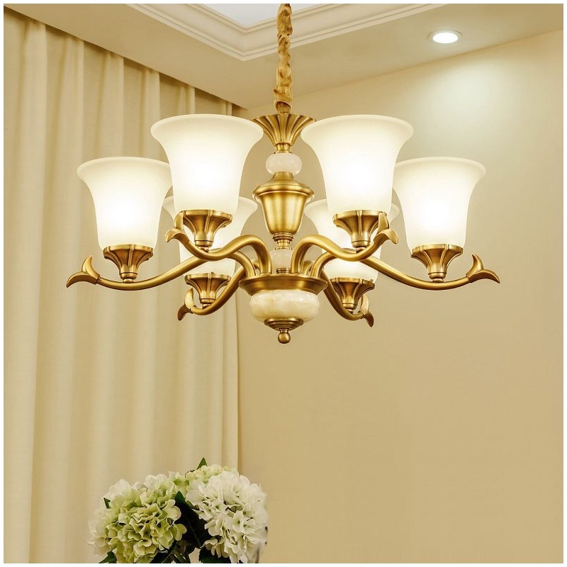 Pure Brass Luxurious Rustic Retro Vintage Brass Stone Pendant Candle Chandelier with Glass Shades