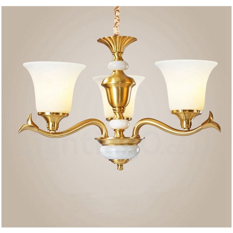 Pure Brass Luxurious Rustic Retro Vintage Brass Stone Pendant Candle Chandelier with Glass Shades