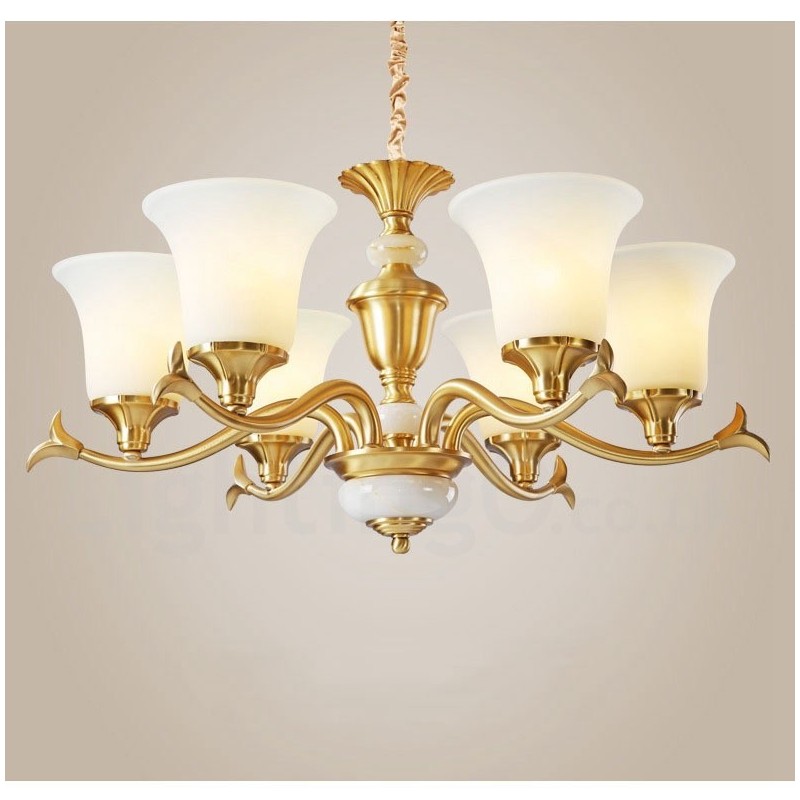 Pure Brass Luxurious Rustic Retro Vintage Brass Stone Pendant Candle Chandelier with Glass Shades