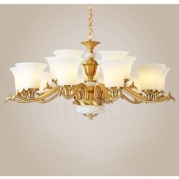 Pure Brass Luxurious Rustic Retro Vintage Brass Stone Pendant Candle Chandelier with Glass Shades