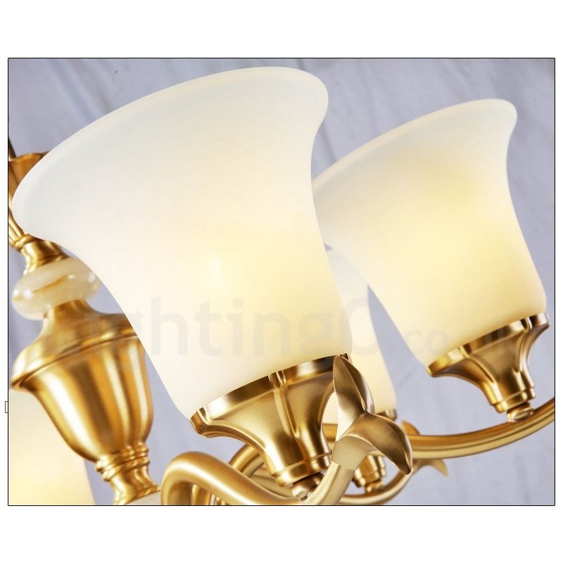 Pure Brass Luxurious Rustic Retro Vintage Brass Stone Pendant Candle Chandelier with Glass Shades