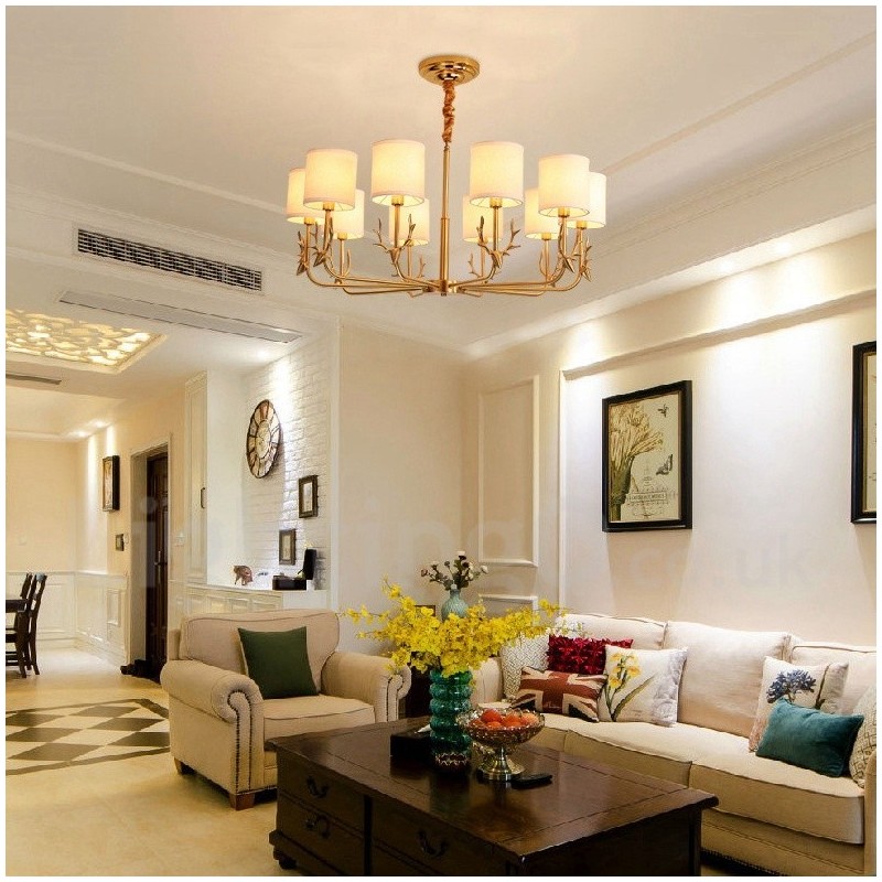 Pure Brass Luxurious Rustic Retro Vintage Brass Pendant Candle Chandelier with Fabric Shades