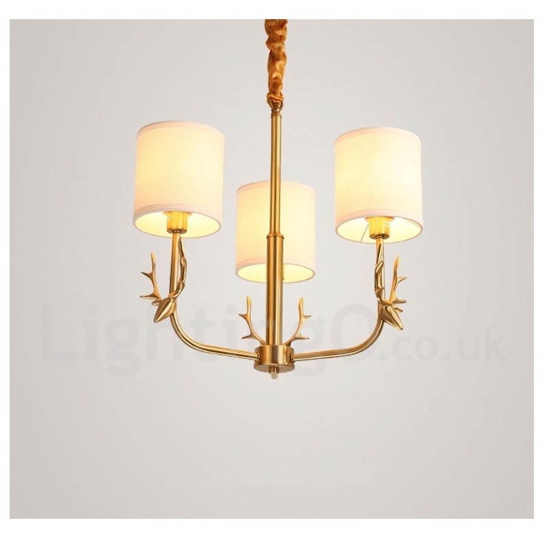 Pure Brass Luxurious Rustic Retro Vintage Brass Pendant Candle Chandelier with Fabric Shades