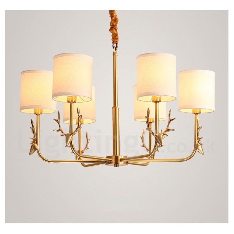 Pure Brass Luxurious Rustic Retro Vintage Brass Pendant Candle Chandelier with Fabric Shades