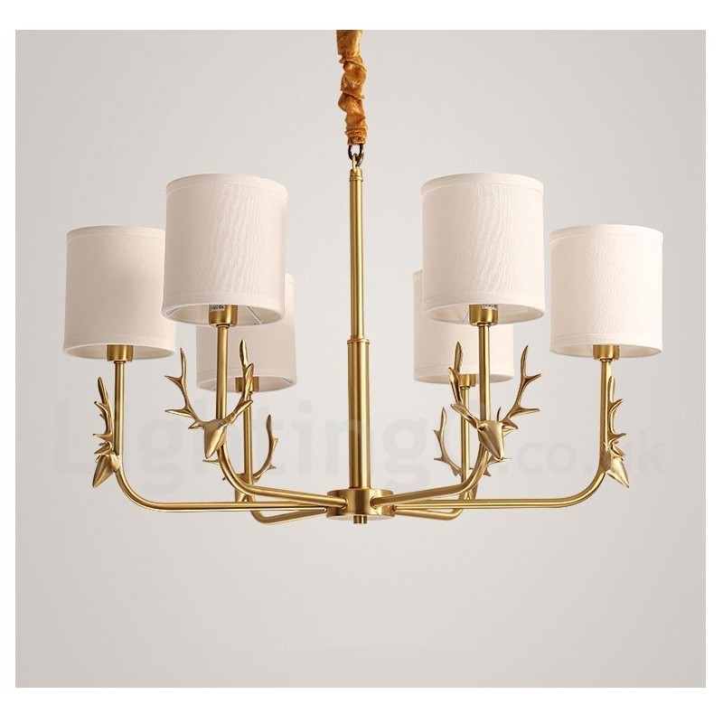 Pure Brass Luxurious Rustic Retro Vintage Brass Pendant Candle Chandelier with Fabric Shades