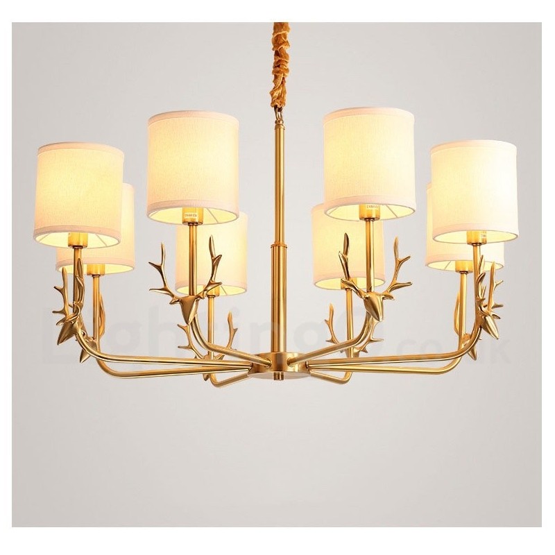 Pure Brass Luxurious Rustic Retro Vintage Brass Pendant Candle Chandelier with Fabric Shades