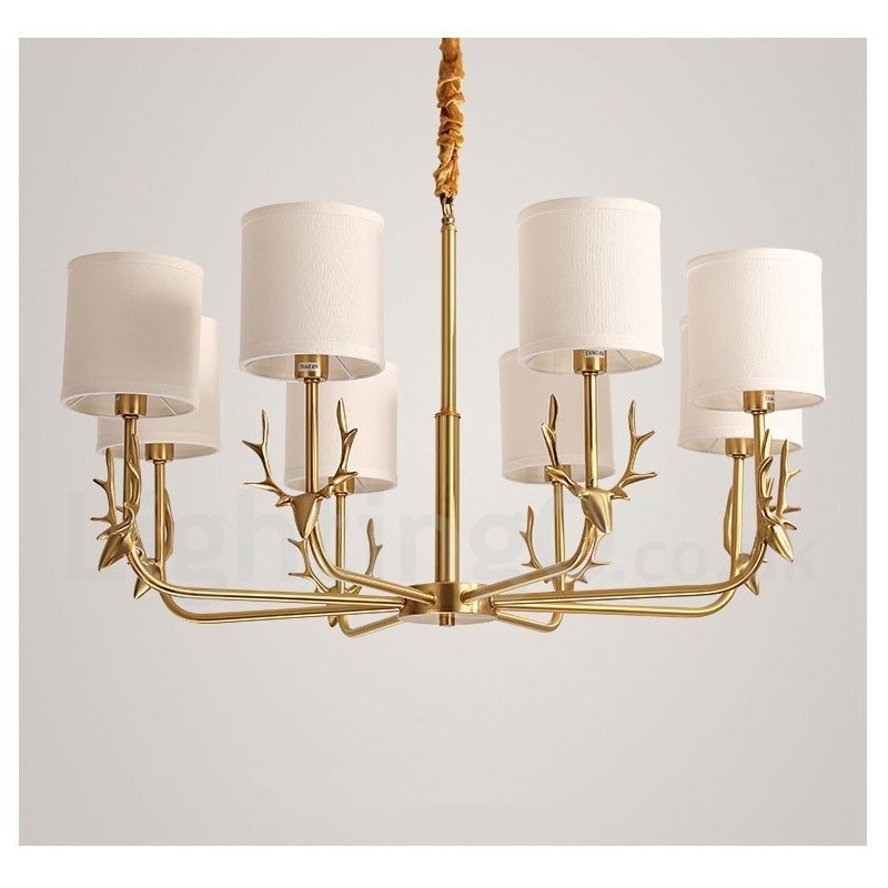 Pure Brass Luxurious Rustic Retro Vintage Brass Pendant Candle Chandelier with Fabric Shades