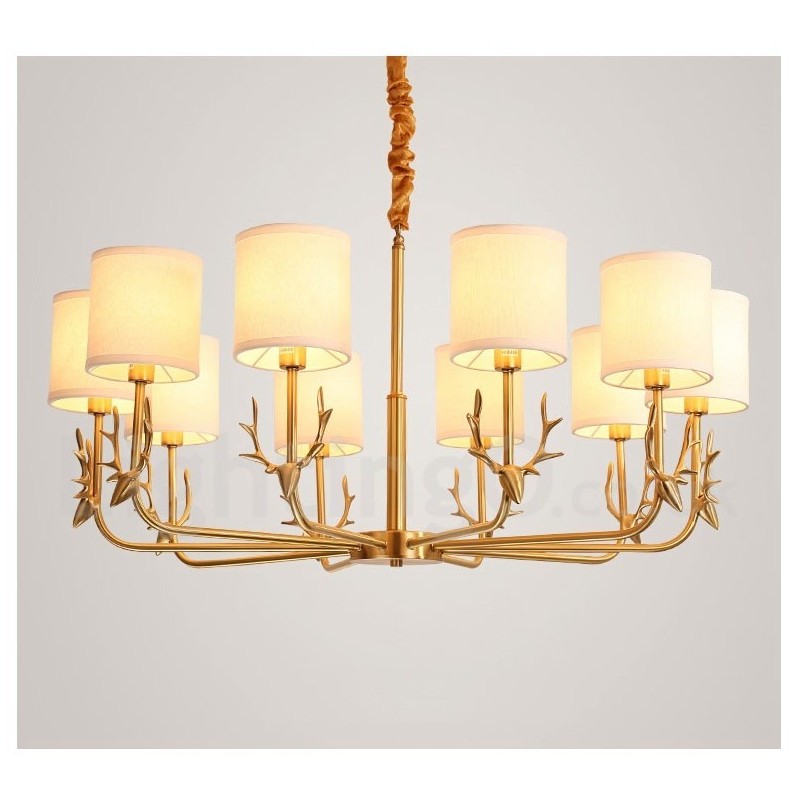 Pure Brass Luxurious Rustic Retro Vintage Brass Pendant Candle Chandelier with Fabric Shades