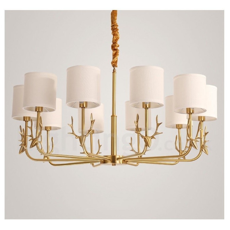 Pure Brass Luxurious Rustic Retro Vintage Brass Pendant Candle Chandelier with Fabric Shades