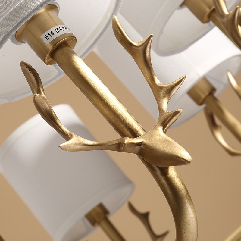 Pure Brass Luxurious Rustic Retro Vintage Brass Pendant Candle Chandelier with Fabric Shades