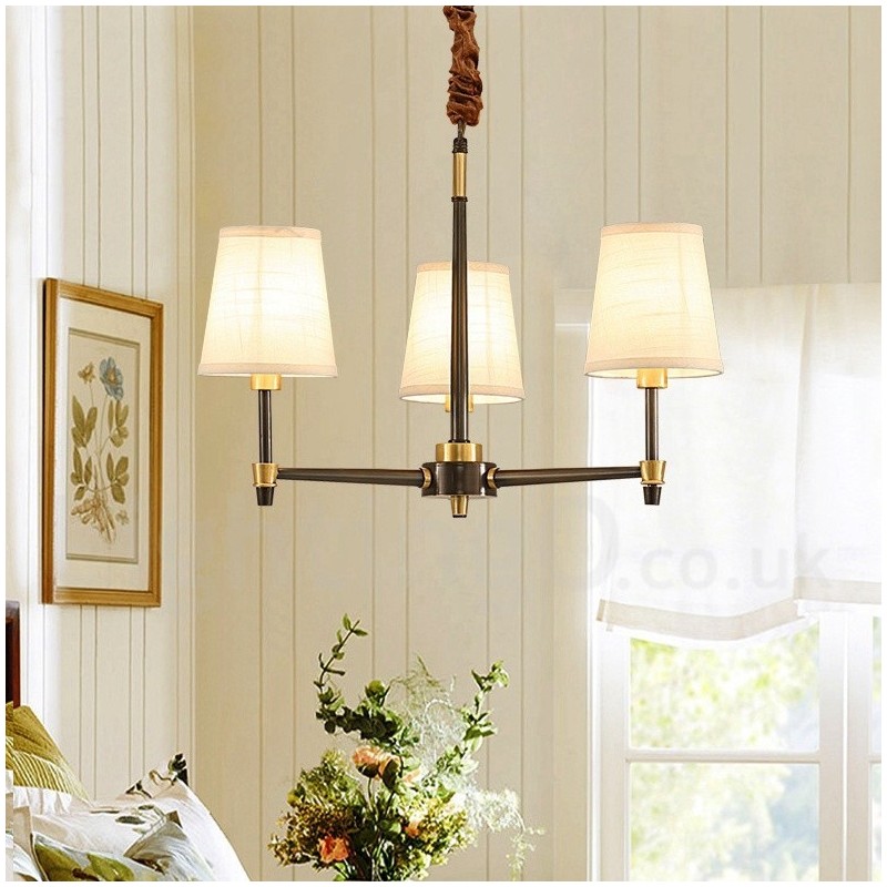 Pure Brass Large Luxurious Rustic Retro Vintage Brass Pendant Chandelier with Fabric Shades