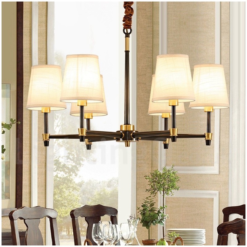 Pure Brass Large Luxurious Rustic Retro Vintage Brass Pendant Chandelier with Fabric Shades