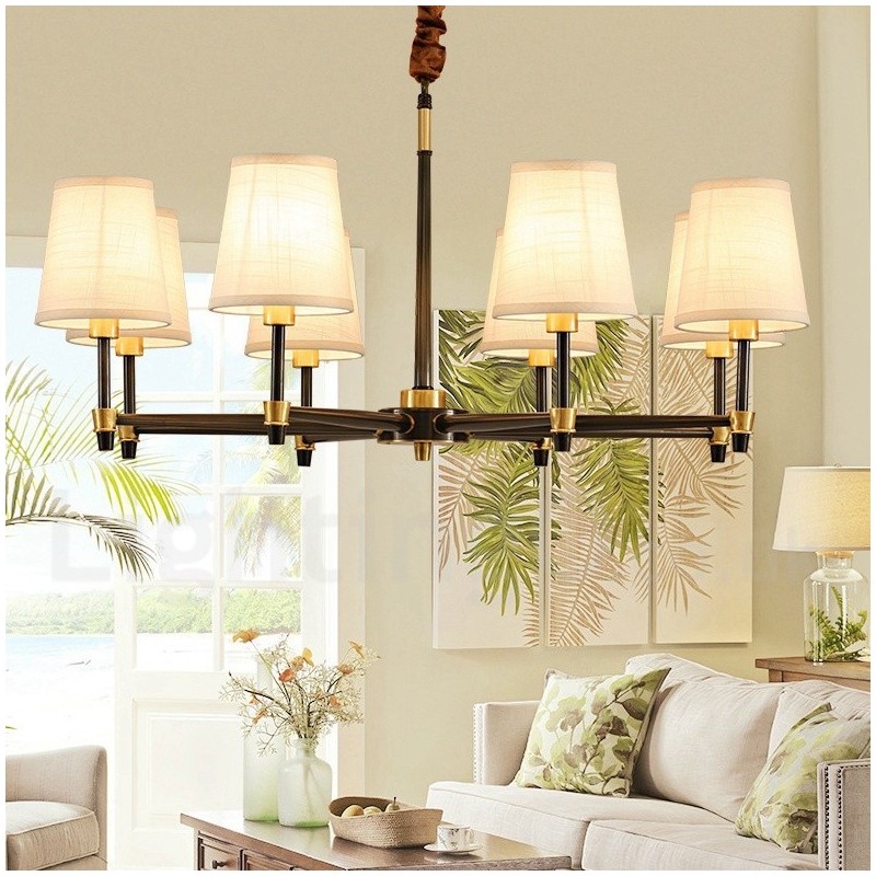 Pure Brass Large Luxurious Rustic Retro Vintage Brass Pendant Chandelier with Fabric Shades
