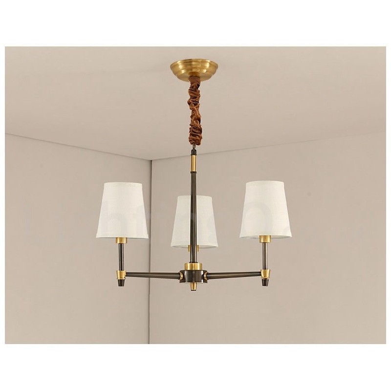 Pure Brass Large Luxurious Rustic Retro Vintage Brass Pendant Chandelier with Fabric Shades