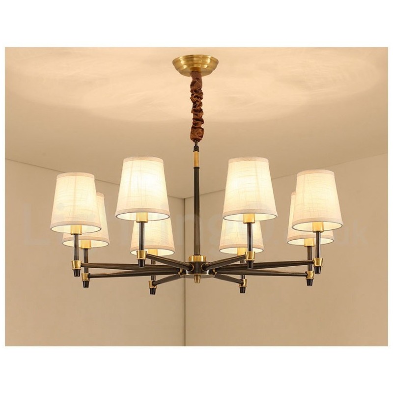 Pure Brass Large Luxurious Rustic Retro Vintage Brass Pendant Chandelier with Fabric Shades