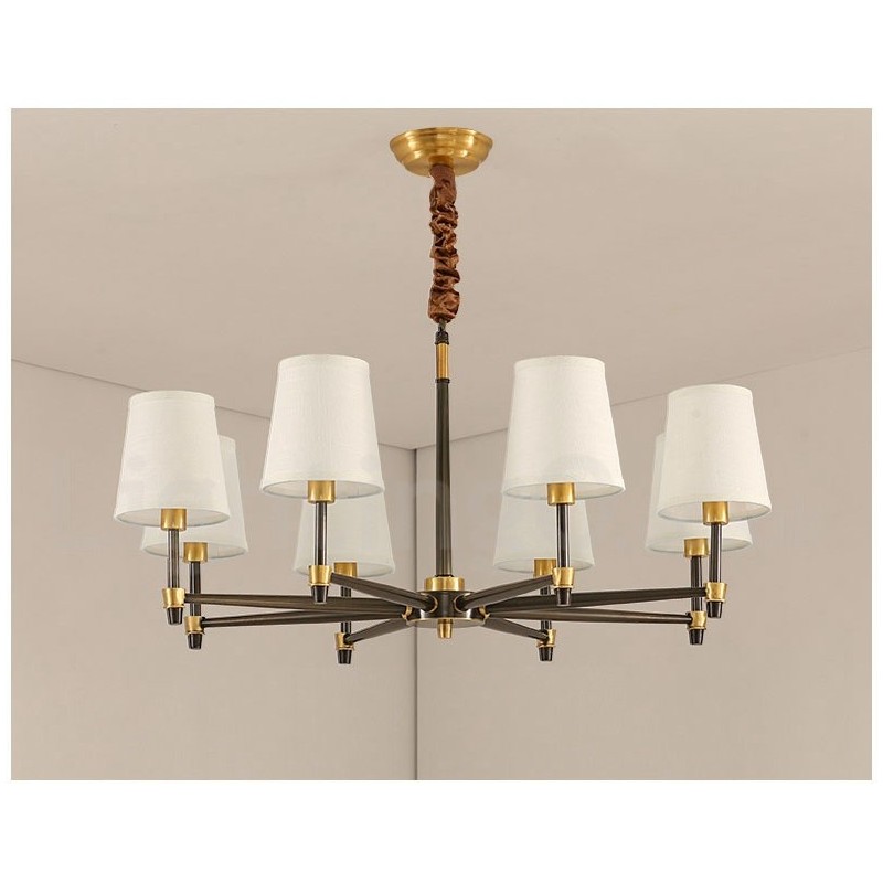 Pure Brass Large Luxurious Rustic Retro Vintage Brass Pendant Chandelier with Fabric Shades