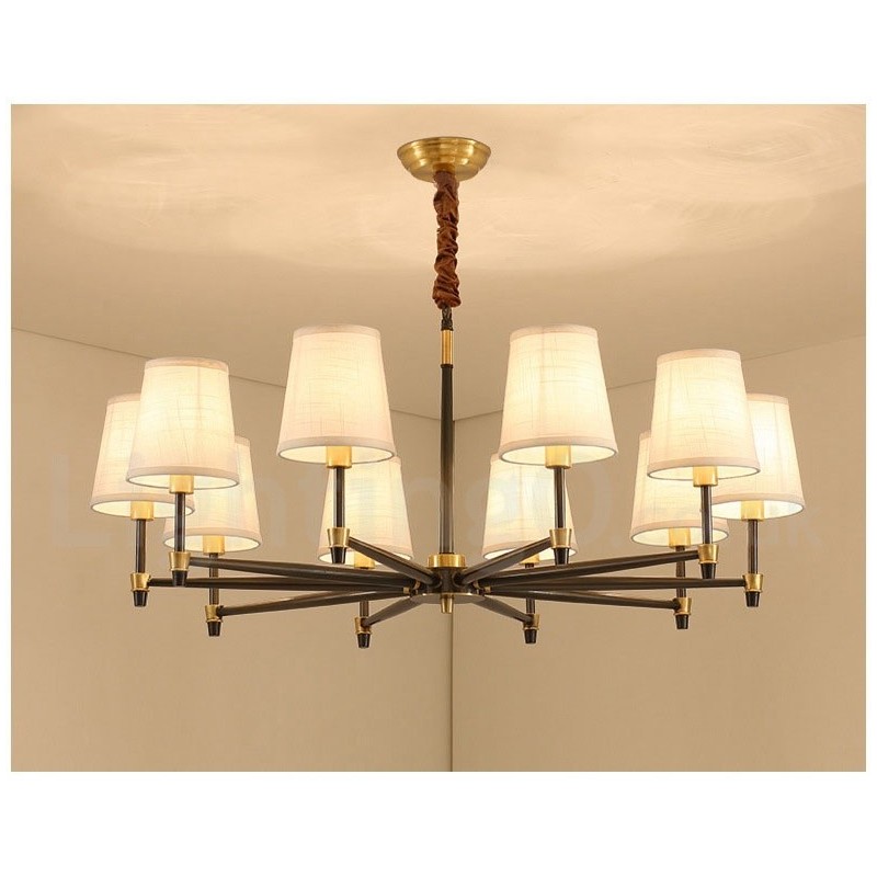 Pure Brass Large Luxurious Rustic Retro Vintage Brass Pendant Chandelier with Fabric Shades