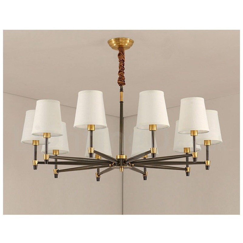 Pure Brass Large Luxurious Rustic Retro Vintage Brass Pendant Chandelier with Fabric Shades