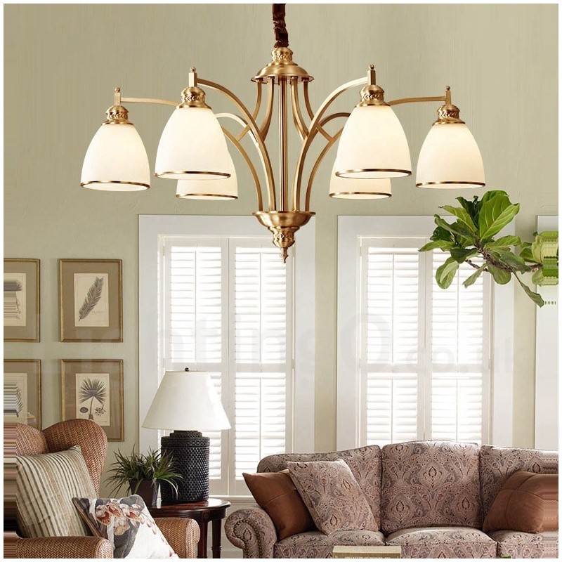 Pure Brass Large Luxurious Rustic Retro Vintage Brass Pendant Chandelier with Glass Shades