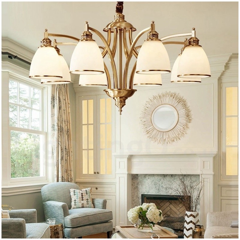 Pure Brass Large Luxurious Rustic Retro Vintage Brass Pendant Chandelier with Glass Shades