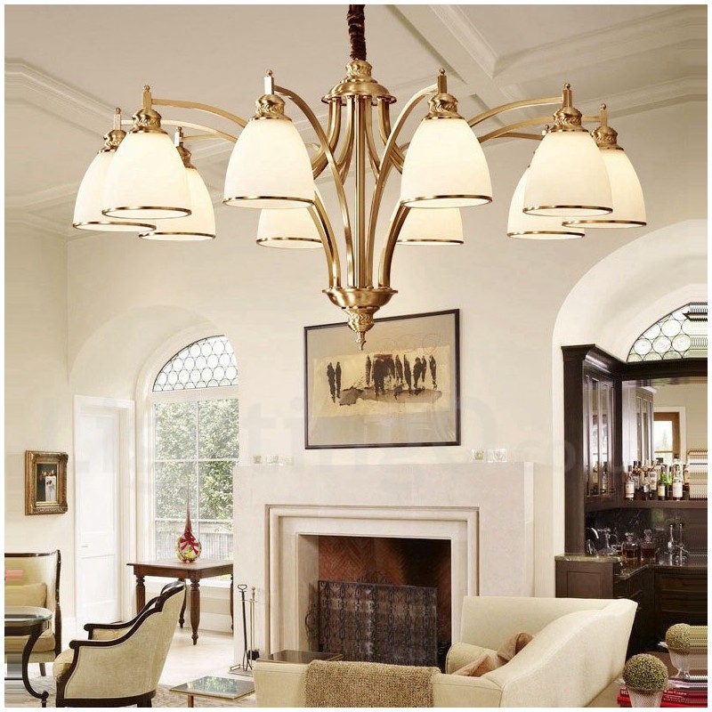 Pure Brass Large Luxurious Rustic Retro Vintage Brass Pendant Chandelier with Glass Shades