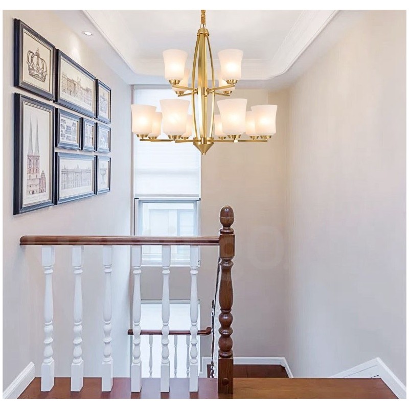 12 Light Pure Brass Large Luxurious Rustic Retro Vintage Brass Pendant Chandelier with Glass Shades