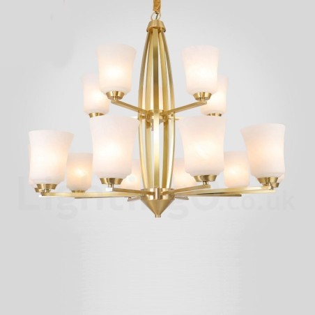 15 Light Pure Brass Large Luxurious Rustic Retro Vintage Brass Pendant Chandelier with Glass Shades