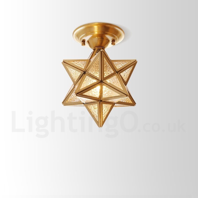 Pure Brass Rustic Lodge Nordic Style Flush Mount Ceiling Light with Glass Shade