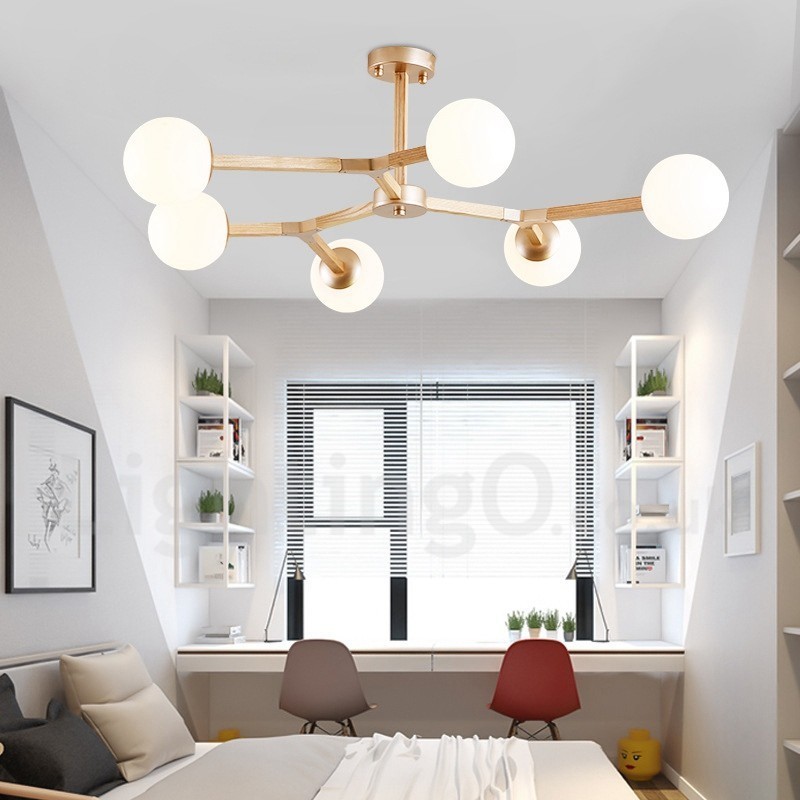 Wooden Nordic Modern Magic Bean Wood Molecular Chandelier with Glass Shades