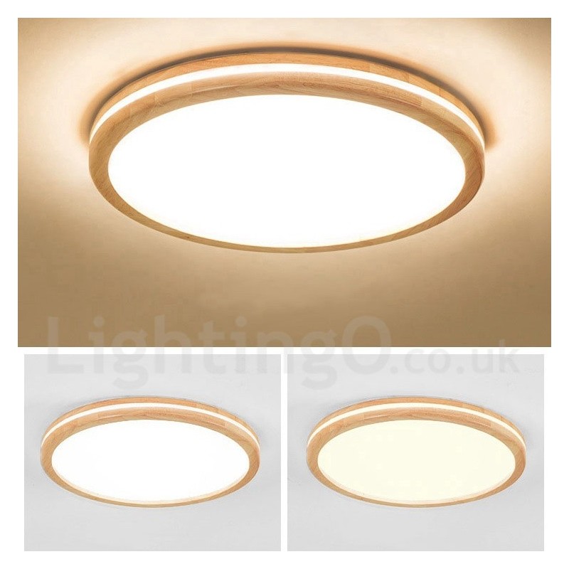Dimmable Round Wooden with Lens Modern Contemporary Nordic Style Flush Mount Wood Ceiling Light with Acrylic Shade and Remote Control Also Can Be Used As Wall Light