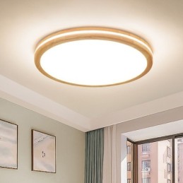Dimmable Round Wooden with Lens Modern Contemporary Nordic Style Flush Mount Wood Ceiling Light with Acrylic Shade and Remote Control Also Can Be Used As Wall Light